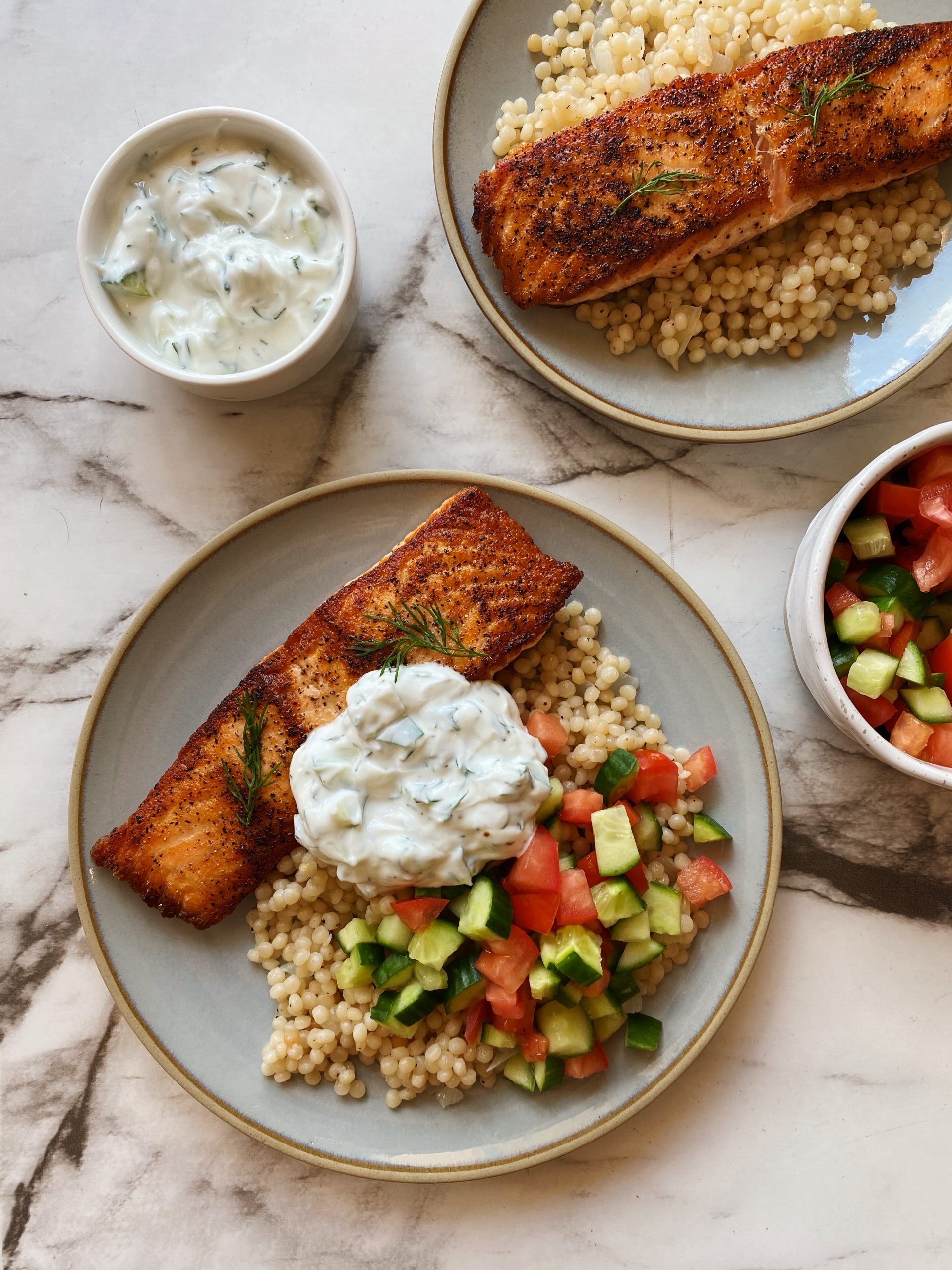 Pan Seared Salmon with Pearled Couscous and Cucumber Yogurt Dip ...