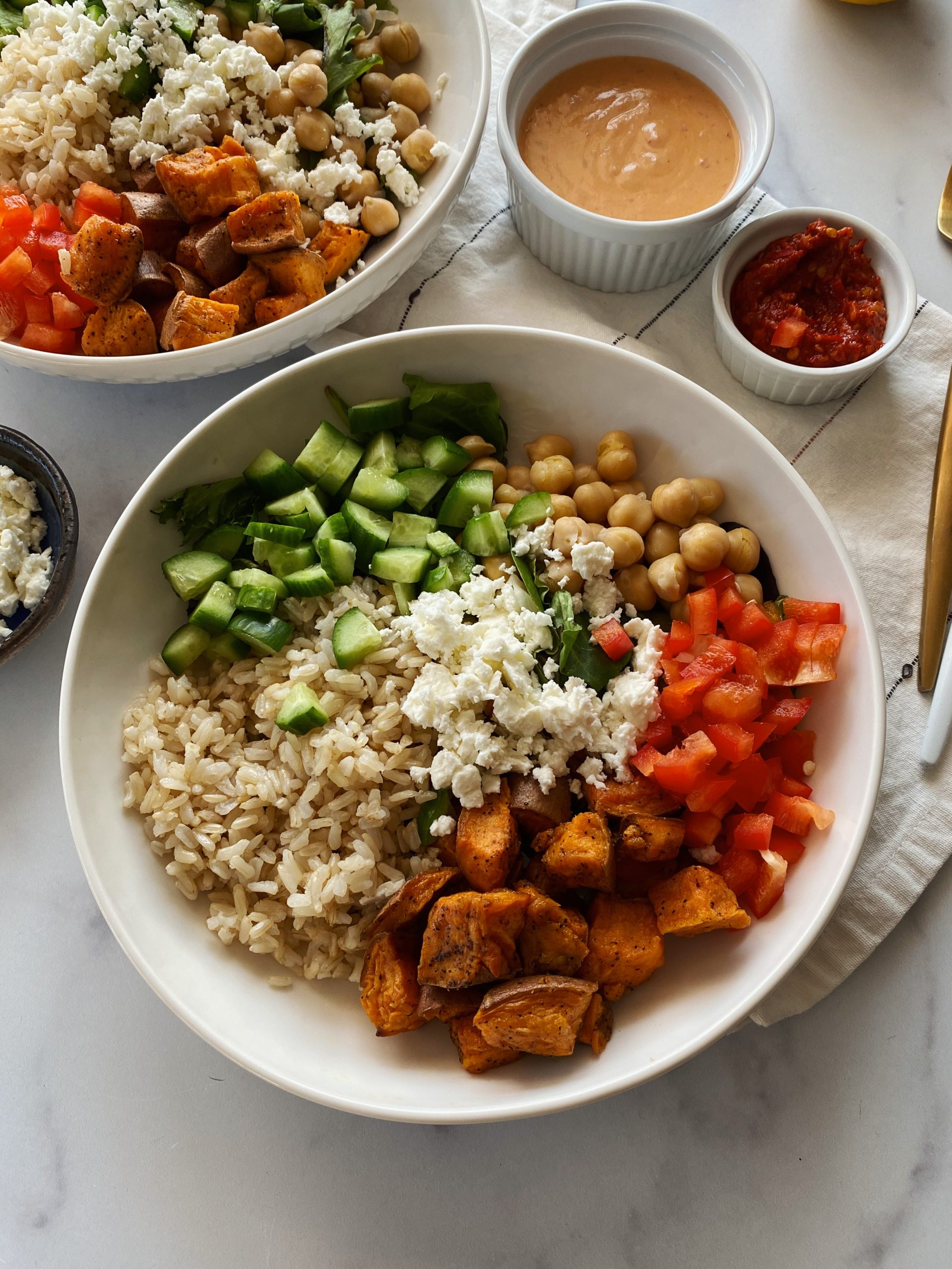 Sweet Potato Feta Bowls With Harissa Tahini Something Nutritious