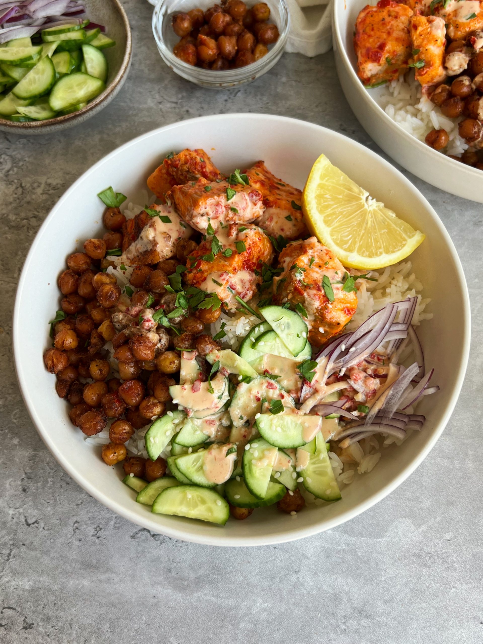 Harissa Salmon Bowls with Roasted Chickpeas - Something Nutritious