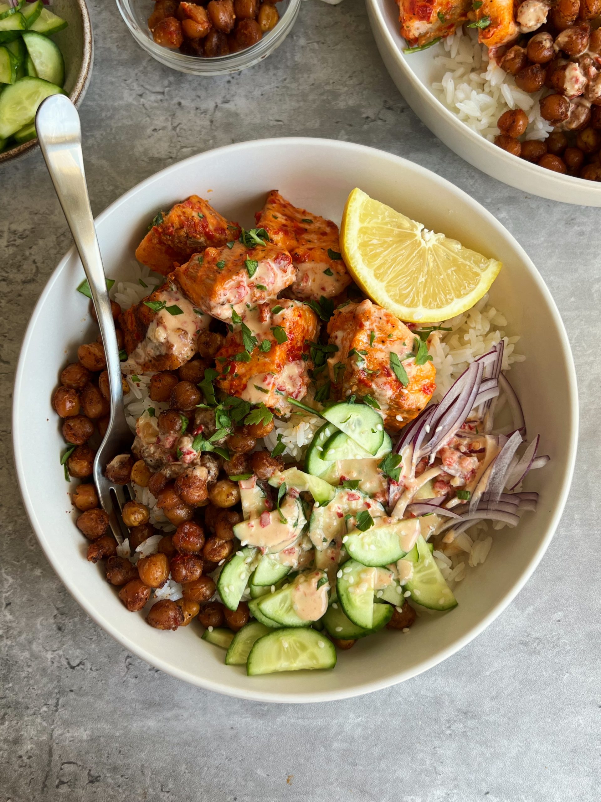 Harissa Salmon Bowls with Roasted Chickpeas - Something Nutritious