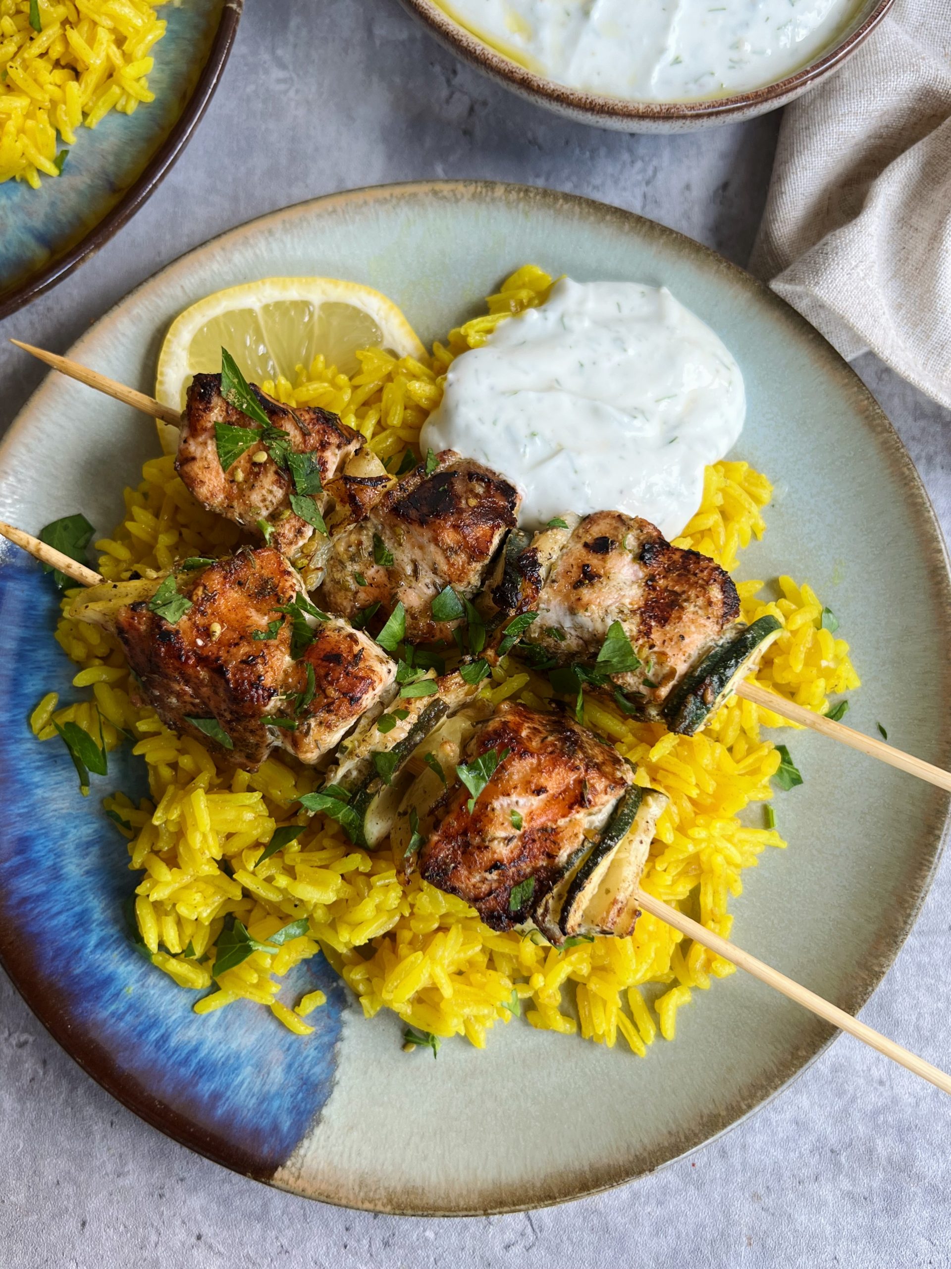 Moroccan spiced salmon kebabs & vegetable skewers