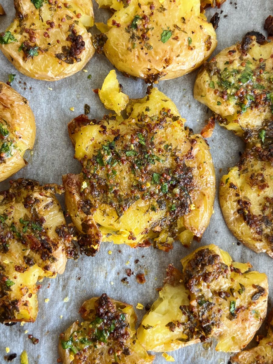 Smashed Potatoes with Garlic and Herbs - Ella Claire & Co.