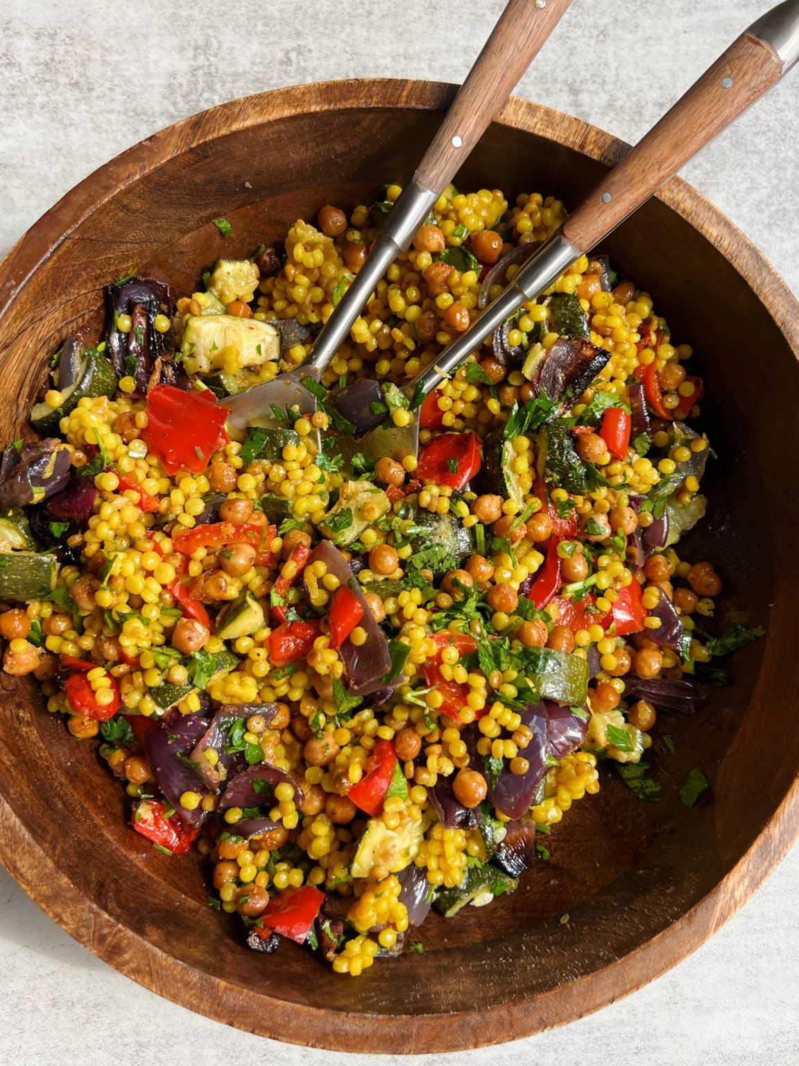 Pearl Couscous with Roasted Vegetables & Chickpeas - Something Nutritious