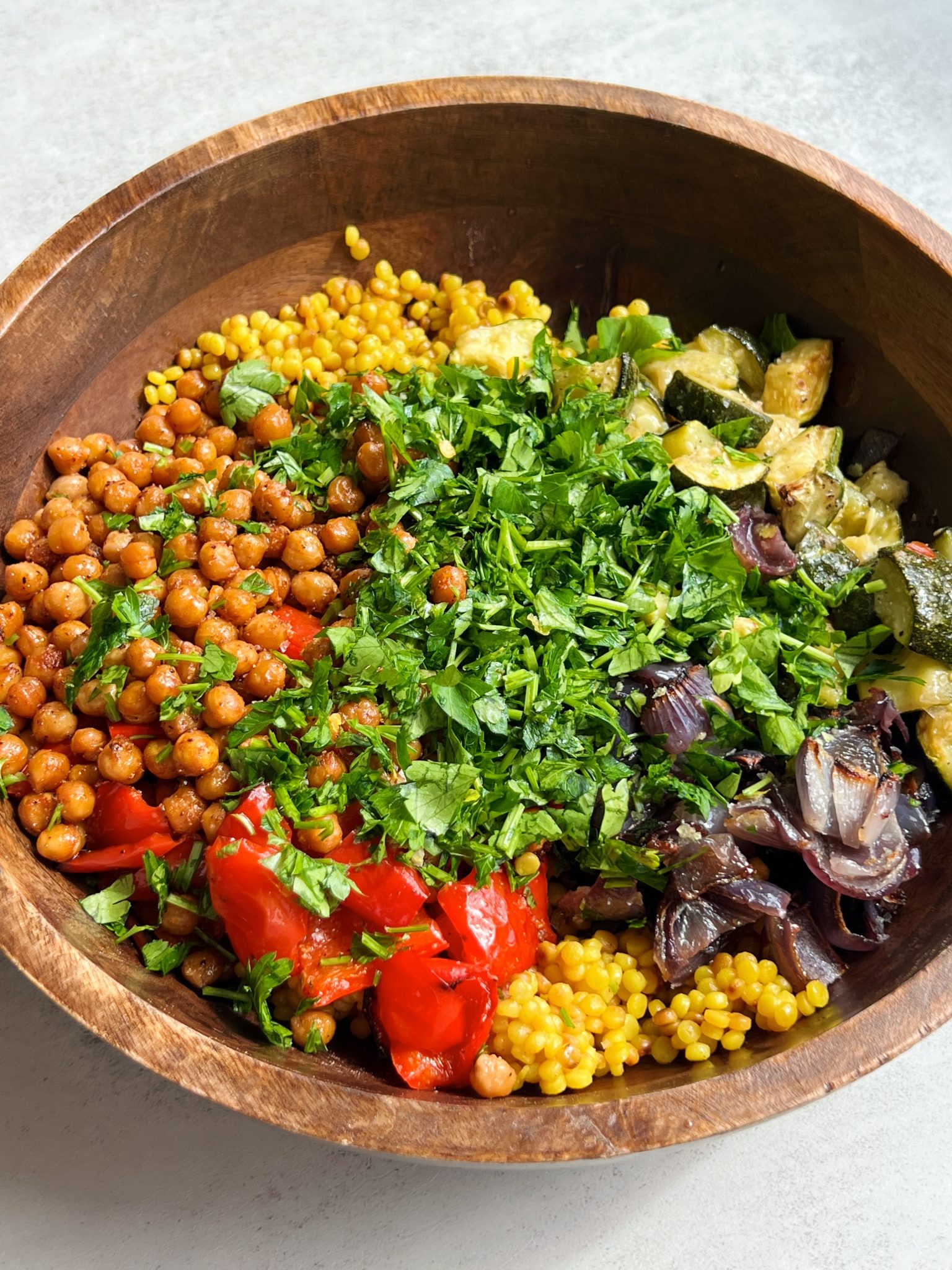 Pearl Couscous with Roasted Vegetables & Chickpeas - Something Nutritious
