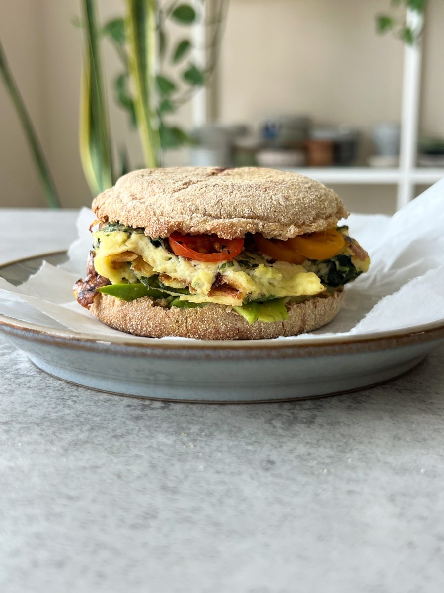 Breakfast Sandwich on an English Muffin With Charred Red Onions