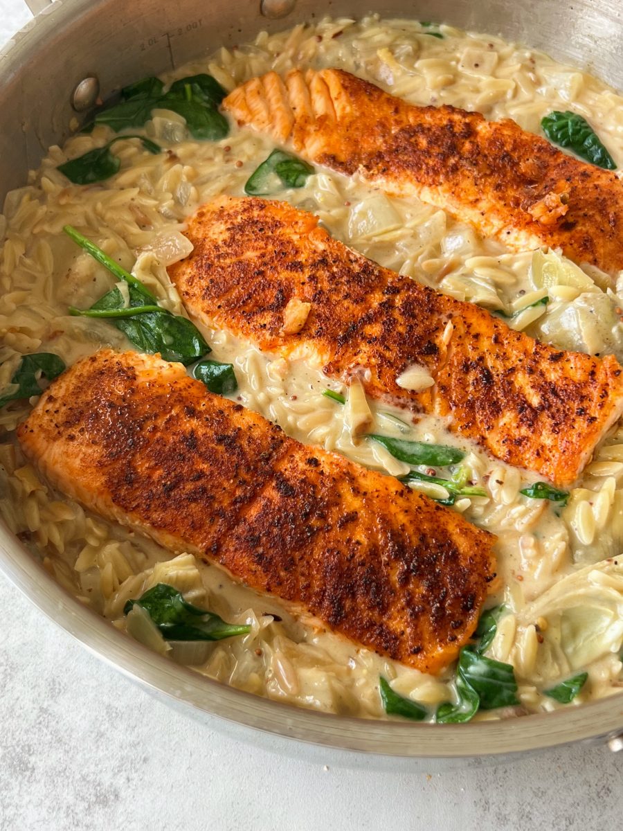 Spinach & Artichoke Orzo and Salmon